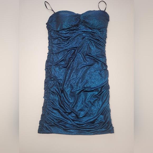 ❤️FOREVER 21 STRAPLESS ROUCHED SPARKLE TURQUOISE BLUE DRESS.SIZE :M - Picture 9 of 10